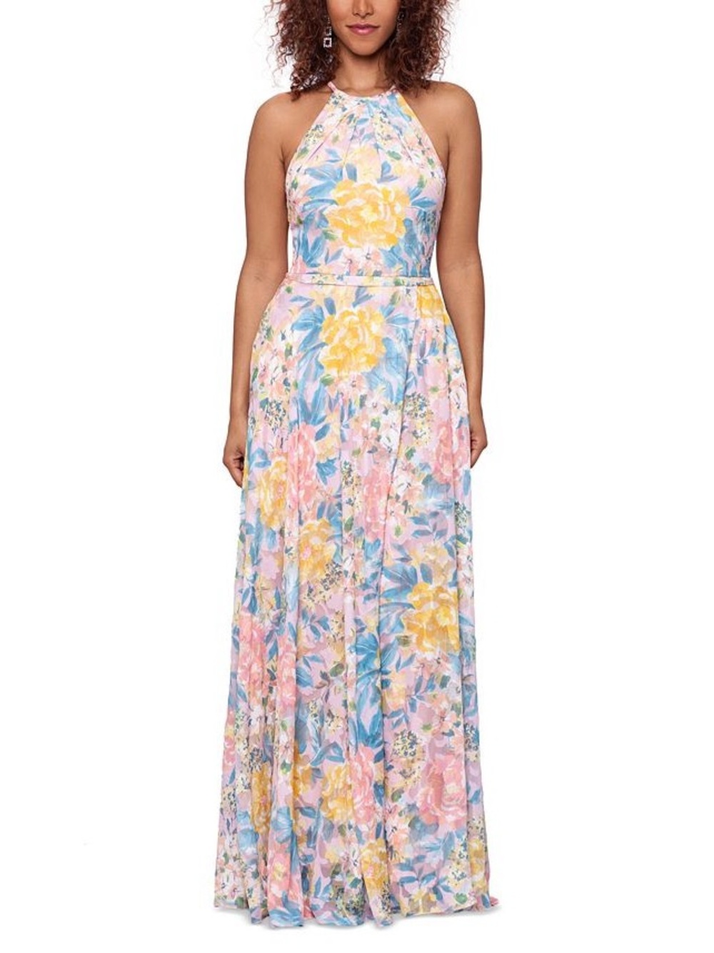 Betsy and Adam Floral Halter Maxi Dress - Yellow & Pastel Floral Sz 12